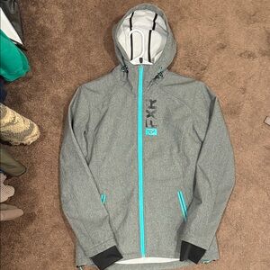 Gray Hooded Jacket with Blue Accents